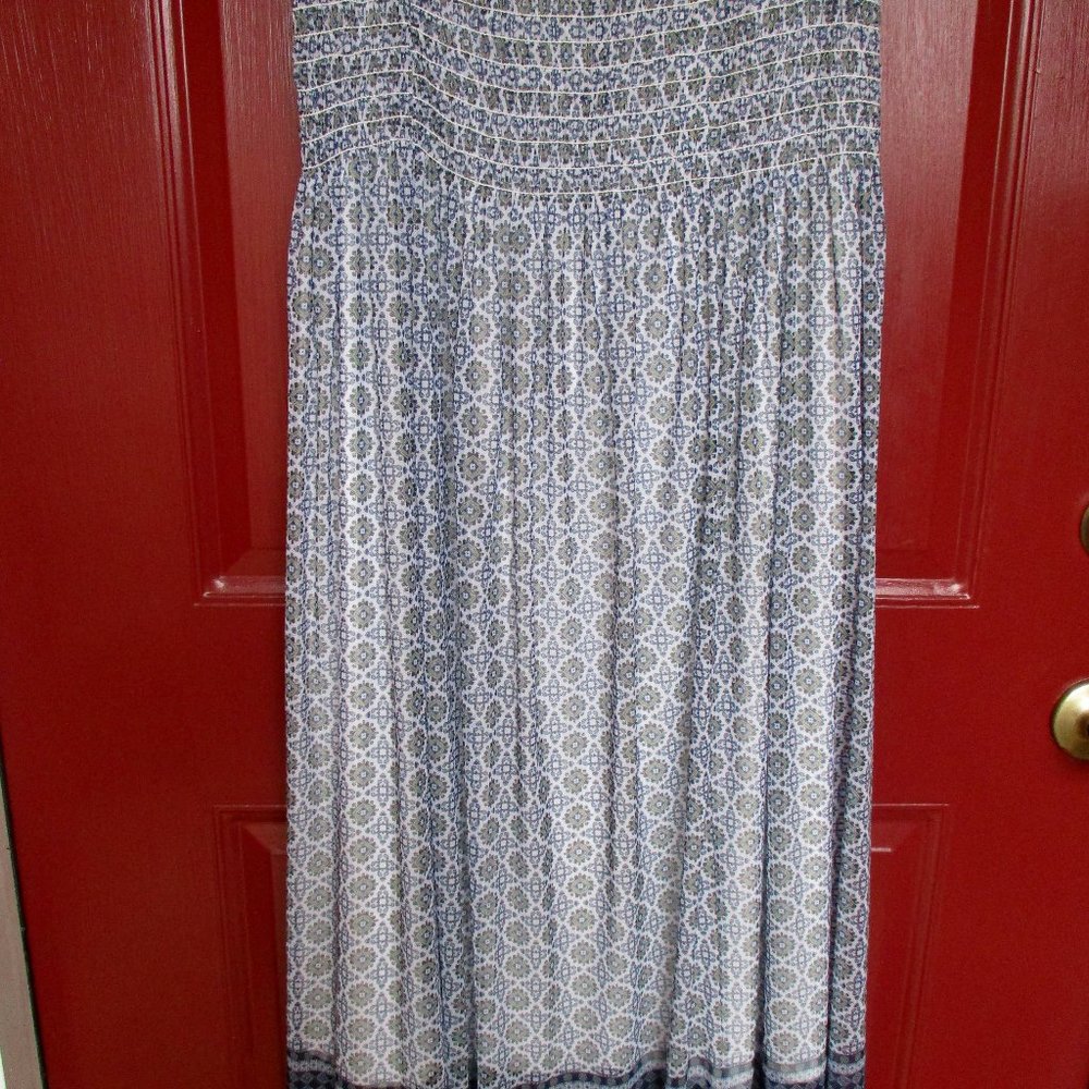 Max Studio Midi Skirt Blue Geometric Print LARGE Lined NWT